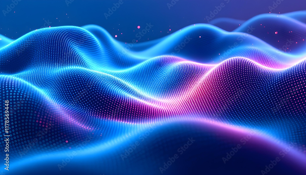 Poster Abstract technology particles mesh background. Abstract particles dot the background banner. Blue purple wave line light gradient dark background. Purple background with many glowing particles.
