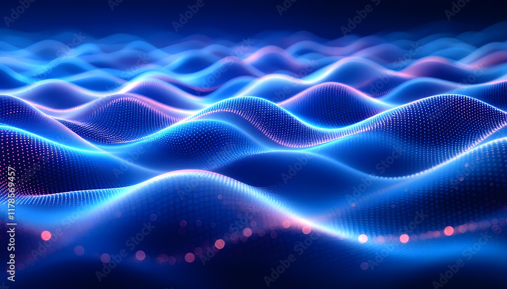 Poster Abstract technology particles mesh background. Abstract particles dot the background banner. Blue purple wave line light gradient dark background. Purple background with many glowing particles.