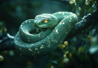 Fototapeta premium Serene Green Snake Coiled on Branch Surrounded by Lush Foliage in Soft Natural Light Capturing the Beauty of Wildlife and Nature's Intricacies
