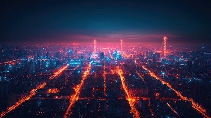 Fototapeta premium A vibrant city skyline illuminated at night with glowing streets and towering buildings.