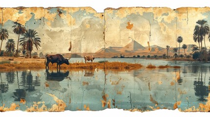 Naklejka premium Aged Painting of Egyptian Landscape with Pyramid 
