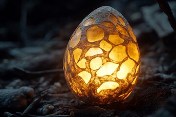 Glowing egg with a hole in the middle sits on the ground. The egg is surrounded by rocks and he is glowing in the dark