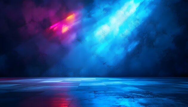 Abstract wall studio room blue background for displaying your products. Dark empty scene, blue neon searchlight light. Dark blue studio room with spotlight backdrop wallpaper. 3d blue room background