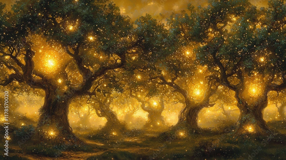 Wall mural a celestial forest where glowing vines drape between radiant trees, creating arches of light that st