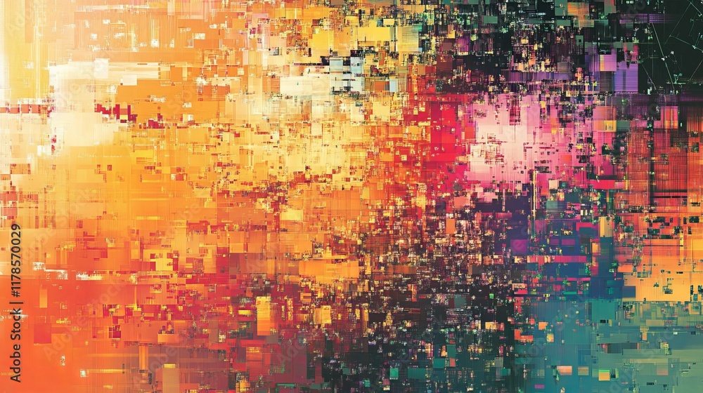 Poster a dynamic abstract digital artwork featuring vibrant geometric patterns and pixelated design in warm