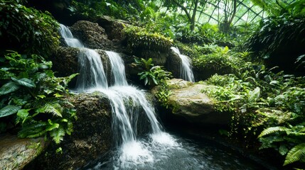 Fototapeta premium Serene waterfall in the cloud forest singapore nature photography lush environment panoramic view tranquility