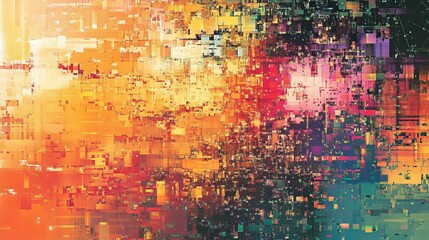 A dynamic abstract digital artwork featuring vibrant geometric patterns and pixelated design in warm, vivid colors.