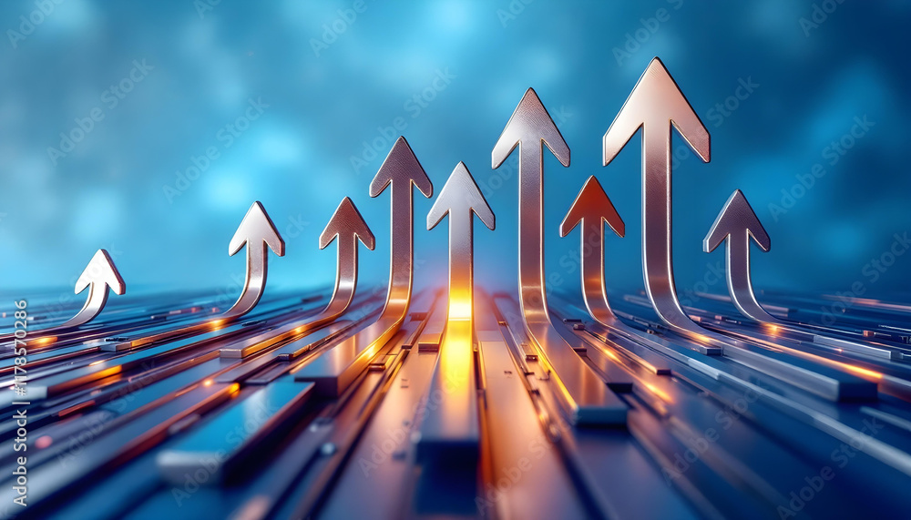 Aufkleber Blue background with a series of arrows pointing upwards. The arrows are spaced out and appear to be connected. A series of green arrows pointing upwards on a blue background. Growth arrow image