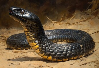 Fototapeta premium Striking Close-Up of a Black and Yellow Snake Coiled on the Ground with a Natural Background Ideal for Wildlife and Nature Photography