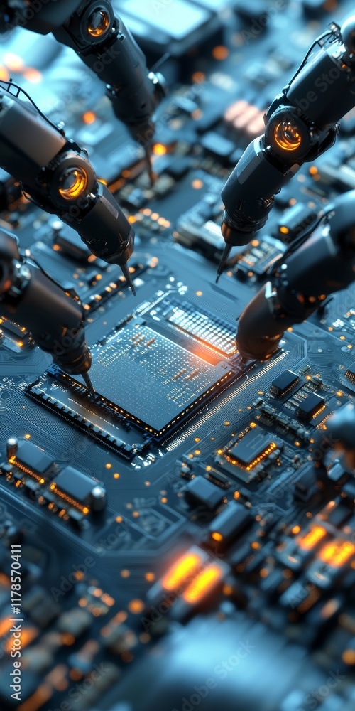 Poster close-up of robotic arms assembling a microchip on a circuit board, showcasing advanced technology a