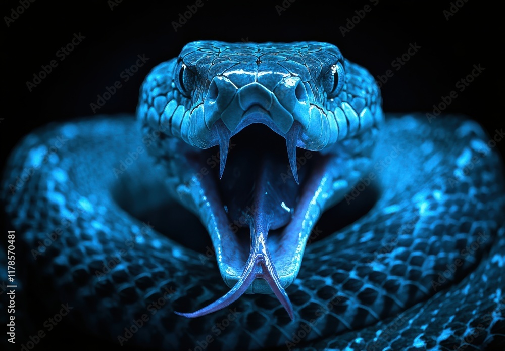 Poster striking close-up of a vibrantly colored snake with an open mouth displaying fangs against a dark ba