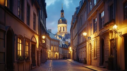 Fototapeta premium Charming European Street with Illuminated Dome at Dusk 