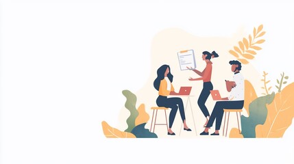 Teamwork, collaboration, project discussion, three colleagues brainstorming ideas, using laptops and documents.