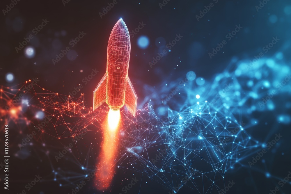 Poster digital graph morphing into rocket symbolizing innovation and growth
