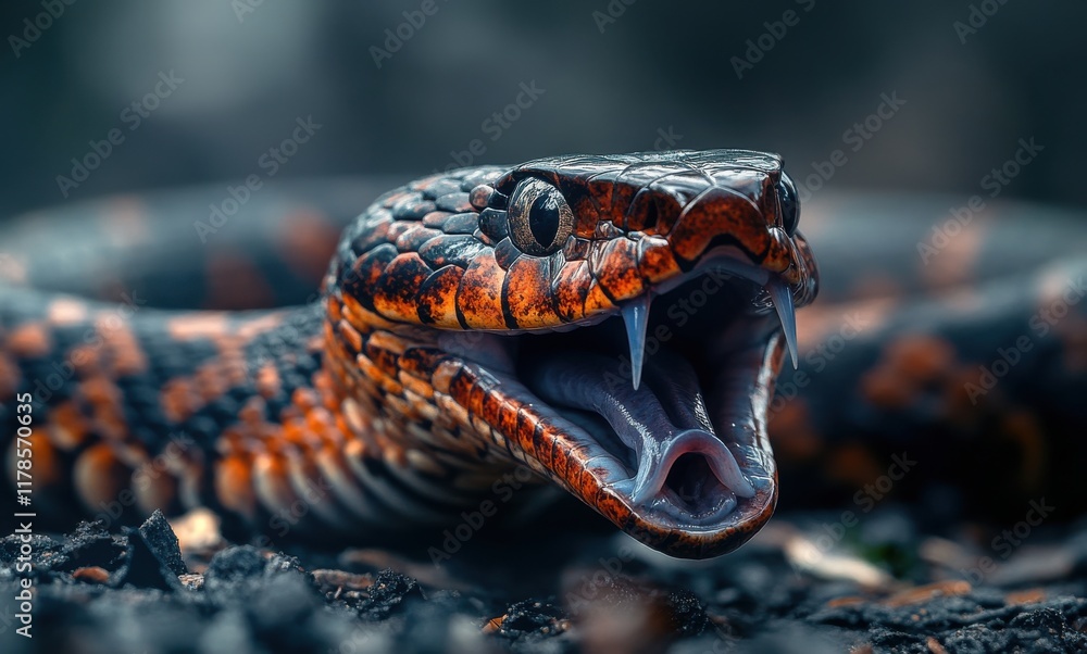 Poster Striking Venomous Snake with Open Mouth Displaying Fangs in Forest Environment, Captivating Nature Image for Wildlife Enthusiasts and Reptile Lovers