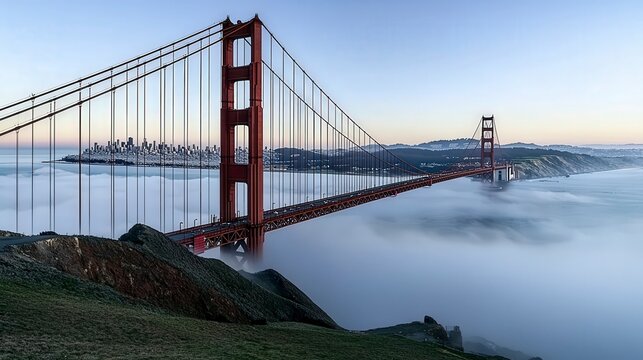 Golden gate bridge shrouded in morning fog san francisco landscape photography serene atmosphere captivating view