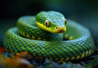 Stunning Close-Up of a Vibrant Green Snake Coiled on Natural Forest Floor Surrounded by Leaves, Showcasing its Impressive Scales and Intense Eyes in Soft Natural Lighting