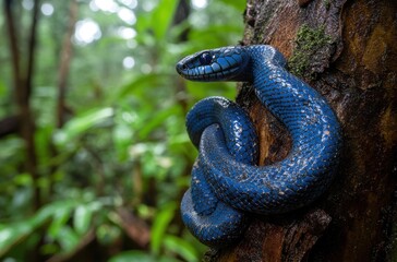 Obraz premium Stunning Close-Up of a Vibrant Blue Snake Perched on a Tree in a Lush Forest Setting, Capturing the Beauty of Nature and Its Dynamic Ecosystem