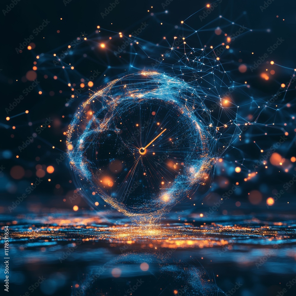 Poster abstract concept of time and data visualization with interconnected points and melting clock design