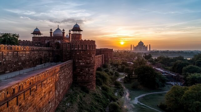 Majestic agra fort at sunset a stunning view of the iconic landmark in india&rsquo;s historic landscape