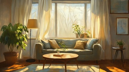 Bright living room with large windows, sheer curtains, and potted plants