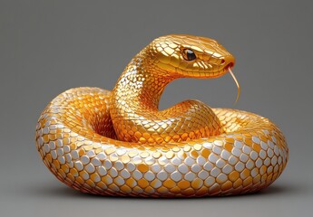 Fototapeta premium Stunning Golden Snake with Iridescent Scales on a Neutral Background, Capturing the Intricate Details of a Serpent’s Textures and Features