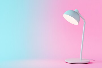 A white lamp is sitting on a table. The lamp is turned on and is lit up. The table is pink
