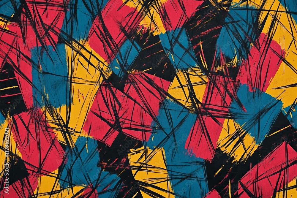Poster a colorful abstract pattern featuring dynamic brush strokes and geometric shapes in red, yellow, and
