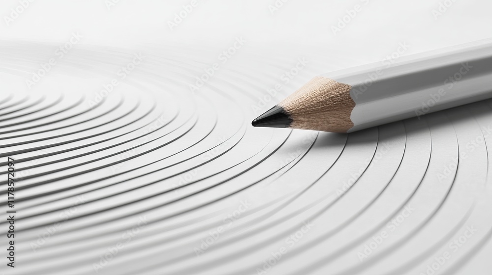 Poster a detailed image of a pencil resting on a circular patterned surface, showcasing minimalist design a