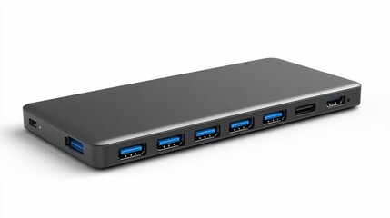 Sleek gray USB hub with multiple ports.