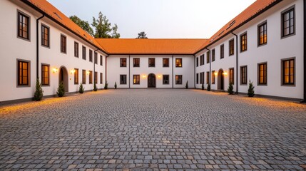 Fototapeta premium Mindfulness and meditation method, A serene courtyard featuring white buildings with orange roofs, illuminated windows, and cobblestone pavement, creating a peaceful, inviting atmosphere.
