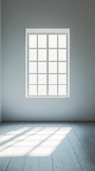 Fototapeta premium Bright sunlight casts shadows through a minimalist window in a modern, empty room with a wooden floor.