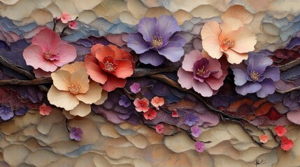 Colorful paper flowers on textured background.