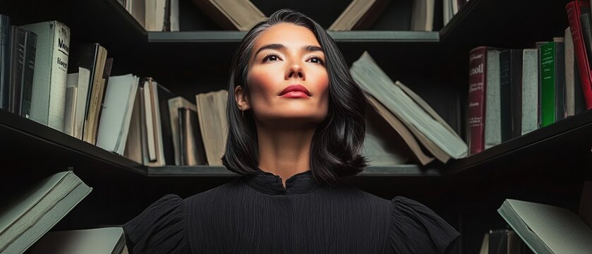 Women's history month strength concept. Elegant woman posing in front of a bookshelf filled with books.