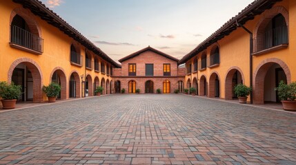 Fototapeta premium Mindfulness and meditation method, A serene courtyard featuring terracotta architecture, vibrant orange walls, and lush greenery under a soft sunset sky.