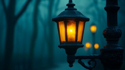 Foggy park path, glowing lantern, mysterious ambiance, autumn evening mood, ideal for fantasy or mystery stories.
