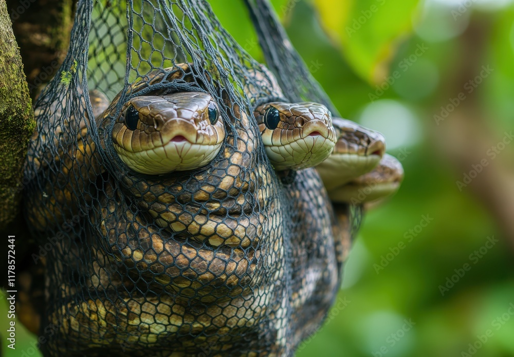 Poster three snakes hanging in a net against a green background in a natural setting, capturing the unique 