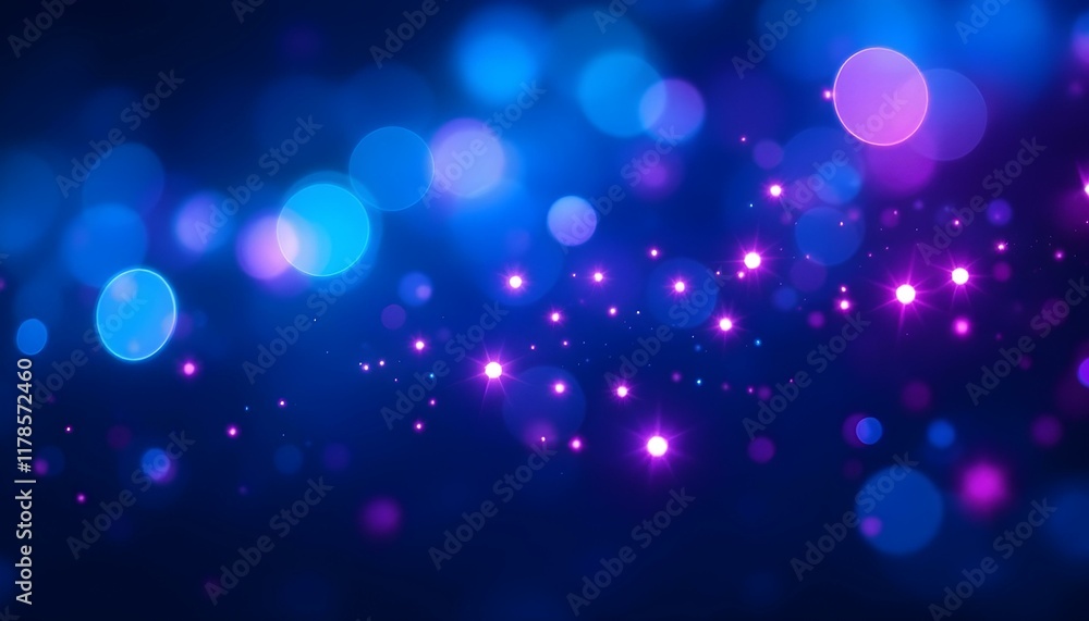Poster blue background with glowing dots bokeh style. blue background, in a futuristic style. light dots an