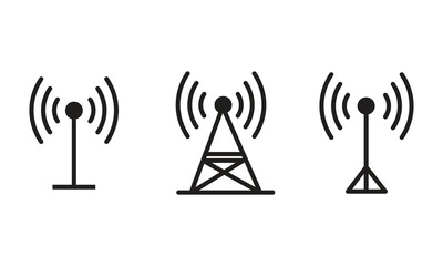 Radio tower icon set. Radio tower, mast with radio waves isolated on white artboard. 11.11