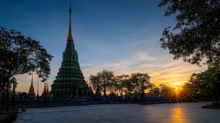 Fototapeta premium Emerald green spire of wat phra kaew at sunset bangkok architecture tranquil setting serene view cultural significance