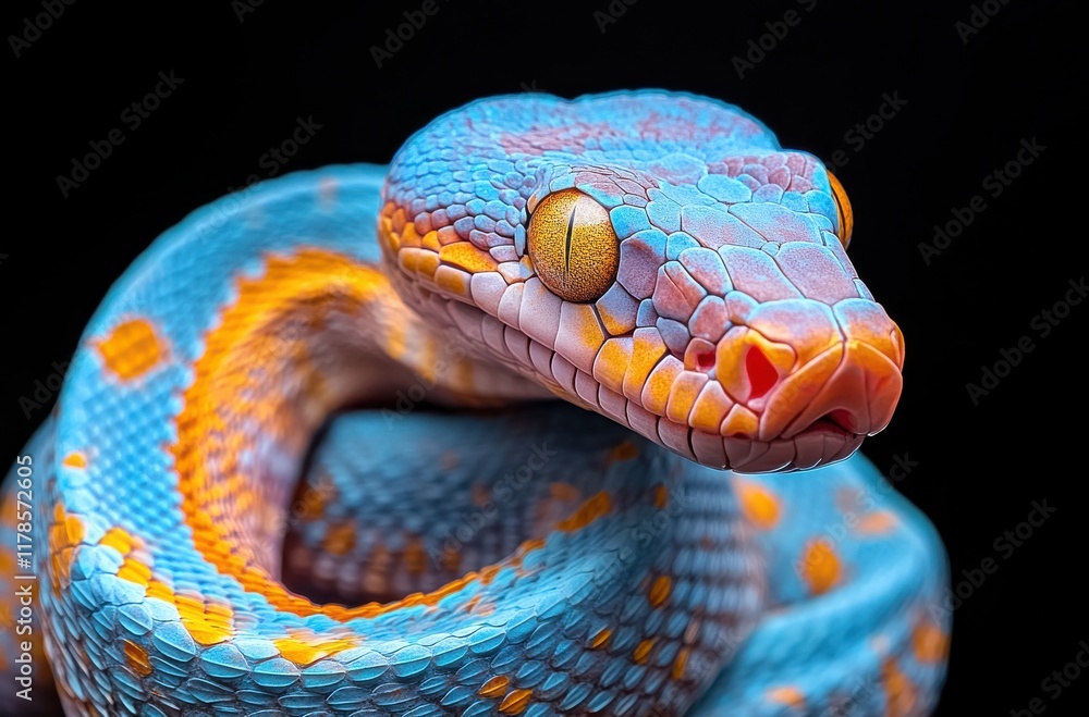 Poster vibrant close-up of a colorful snake with intricate scale patterns displaying stunning blue, orange,