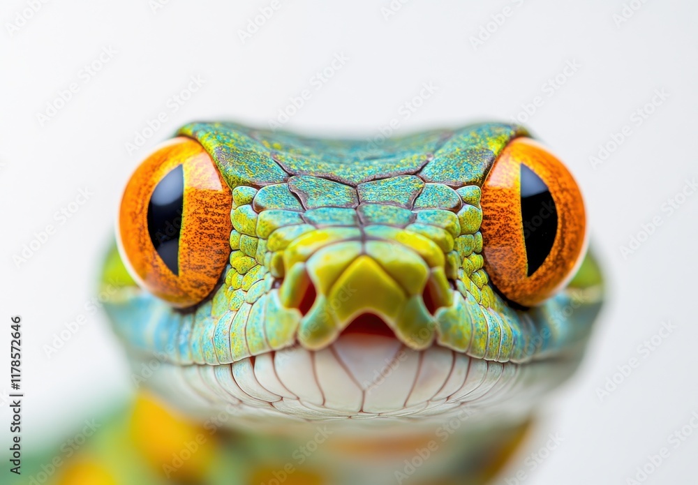 Poster vibrant close-up of a colorful tropical snake with striking eyes, showcasing intricate patterns and 