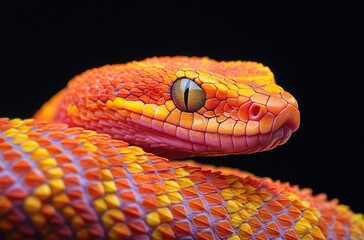 Obraz premium Vibrant Close-Up of Colorful Snake with Intricate Scale Patterns on Dark Background Featuring Bright Orange and Yellow Hues Capturing Wildlife's Stunning Beauty