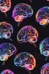 Obraz premium A seamless pattern of neon-colored brains on a dark background, highlighting vibrant neural connections and abstract art.