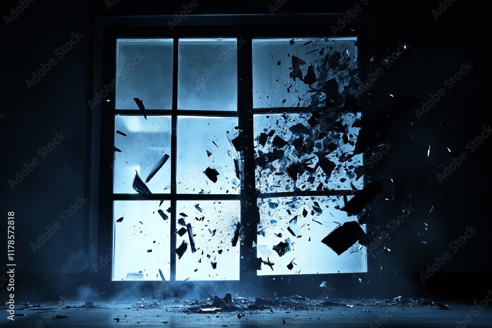 Poster a dynamic scene of glass shattering in front of a window, illuminated by blue light, creating a dram