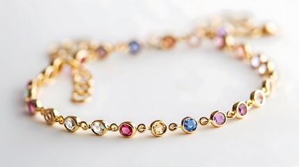 A delicate chain bracelet featuring pastel gemstone accents on white.