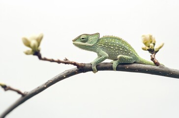 Fototapeta premium Vibrant Green Chameleon Relaxing on a Branch Surrounded by Delicate Blossoms Against a Soft Blurred Background in Nature Scene