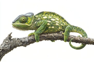 Fototapeta premium Vibrant Green Chameleon on Branch with Detailed Scales and Unique Texture, Showcasing Nature's Intricate Design and Color Variations in Reptilian Species