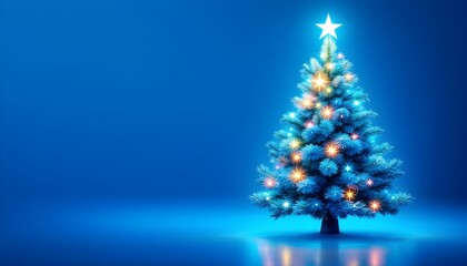 Digital glowing tech Christmas tree on a blue background. Glowing pixel Christmas tree in tech blue background. The Christmas tree consists of glowing pixels in technology style on a blue background. 