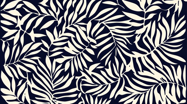 Seamless pattern of stylized palm leaves in navy and cream.